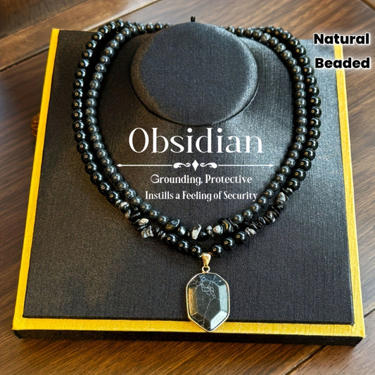 2 PCS Set Grounding Protection Black Obsidian Beaded Necklace, Natural Stone Pendant Double Layered Layered Necklace Set, Women's Fashion Jewelry Gift, Suitable for Giving to Family or Friends