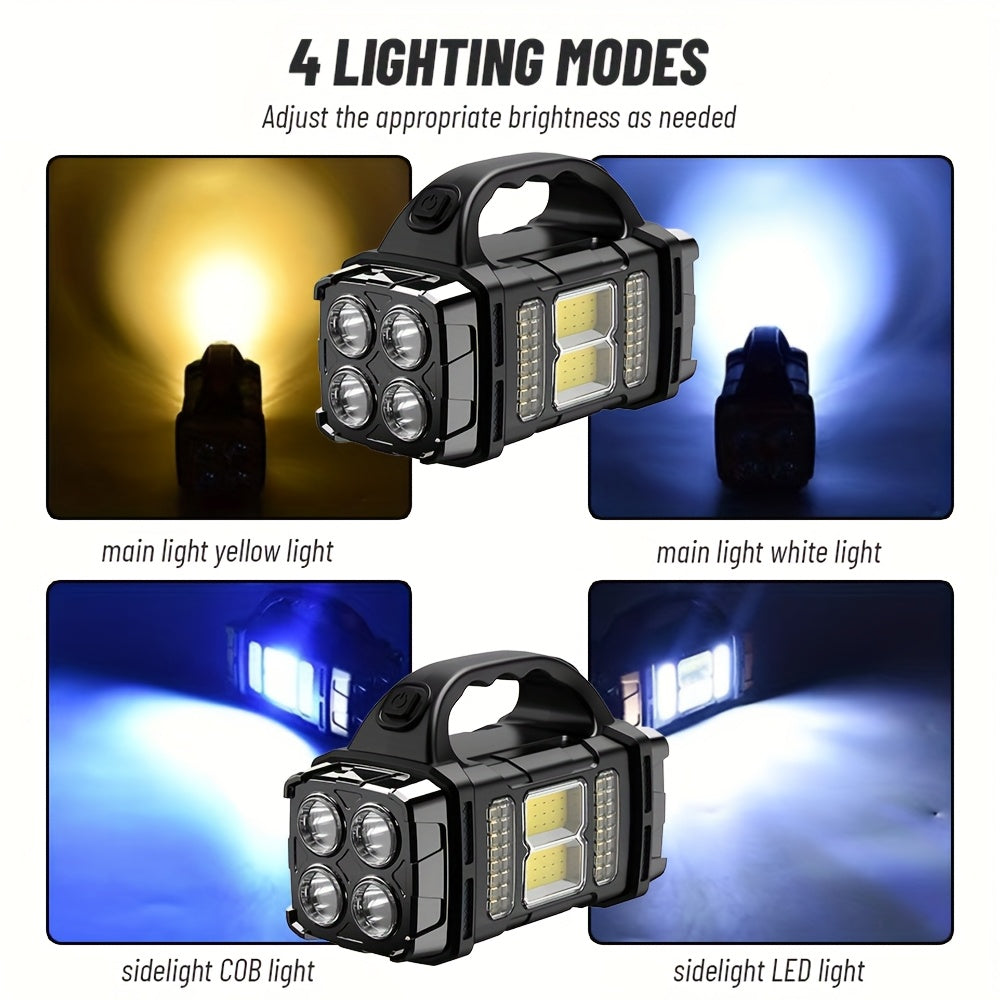 Multi-functional Solar Portable light, LED & COB Emergency light, USB charging, IP65, Front And Rear Dual Light illumination, Can Charge Your Cell phone, White Light & Yellow Light flashlight, Suitable for camping, hiking, ma