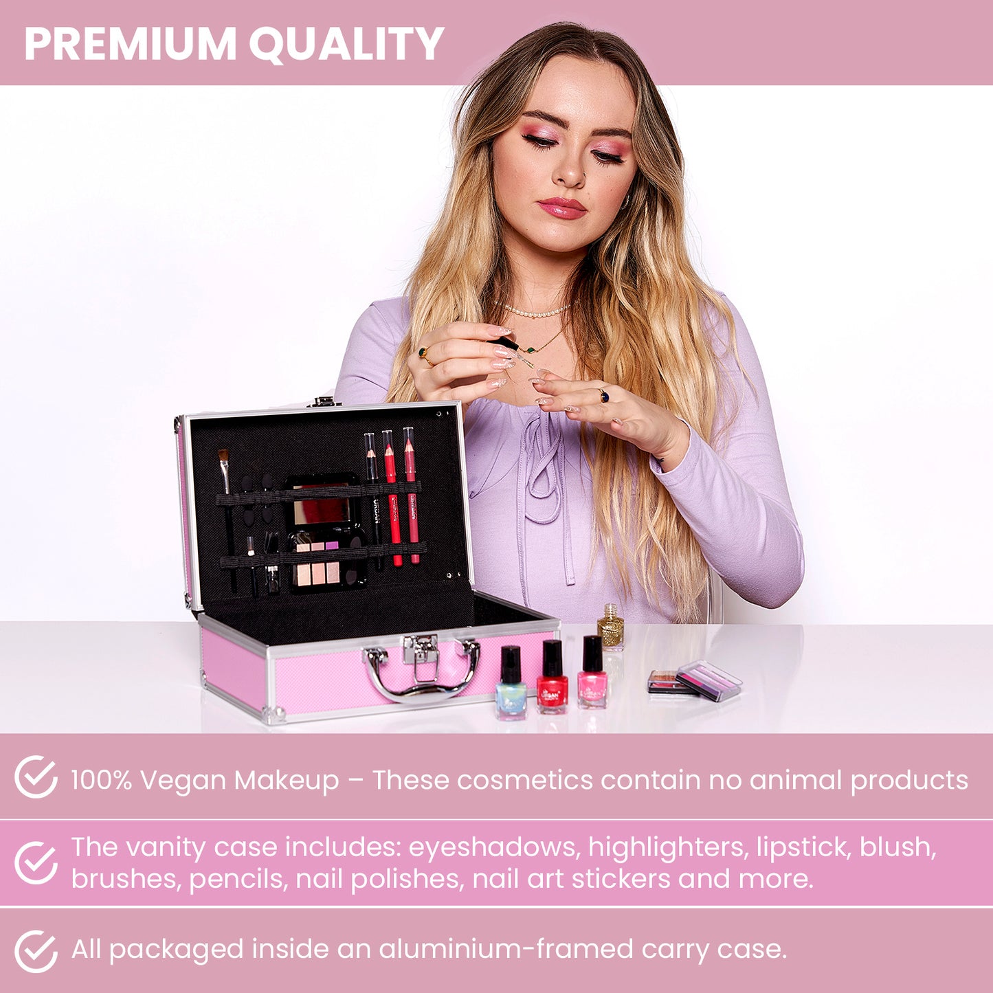82 PCS Full Set  Beauty Hot Pink Makeup Luxury Vanity Case – Makeup Kit for Teens and Women with Eyeshadow, Blusher, Lipsticks and Nail Products – Fun Celebrities Travelling Makeup Cosmetics Vanity Case for Girls