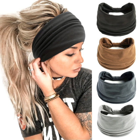 NEW 4 PCS Set Women' Wide Elastic Non-Slip Headbands - Thick Wide Suitable for Yoga, Workout, Boho Styles | Multi-Functional Hair Wraps, Turbans & Ponytail Holders | Hair Accessories for Gym, Dance, Everyday (4 Colors: Black,
