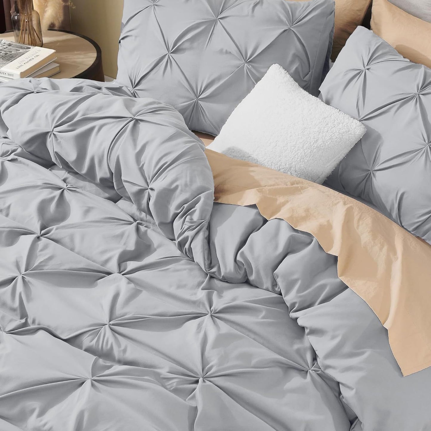 3 PCS Set 5 Colors Charcoal, Pink*Five Star Hotel* Pinch Pleated Luxury High Quality Duvet Cover Set, Soft Pintuck Bedding Sets with Pillowcases