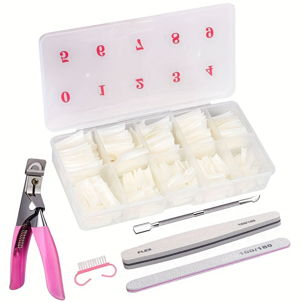 500 PCS Set Acrylic Fake Nails Set, Natural Color with Nail Clippers, File, and Polisher Brush for Women, Manicure Salons, and Home DIY Women Nail Care Supplies