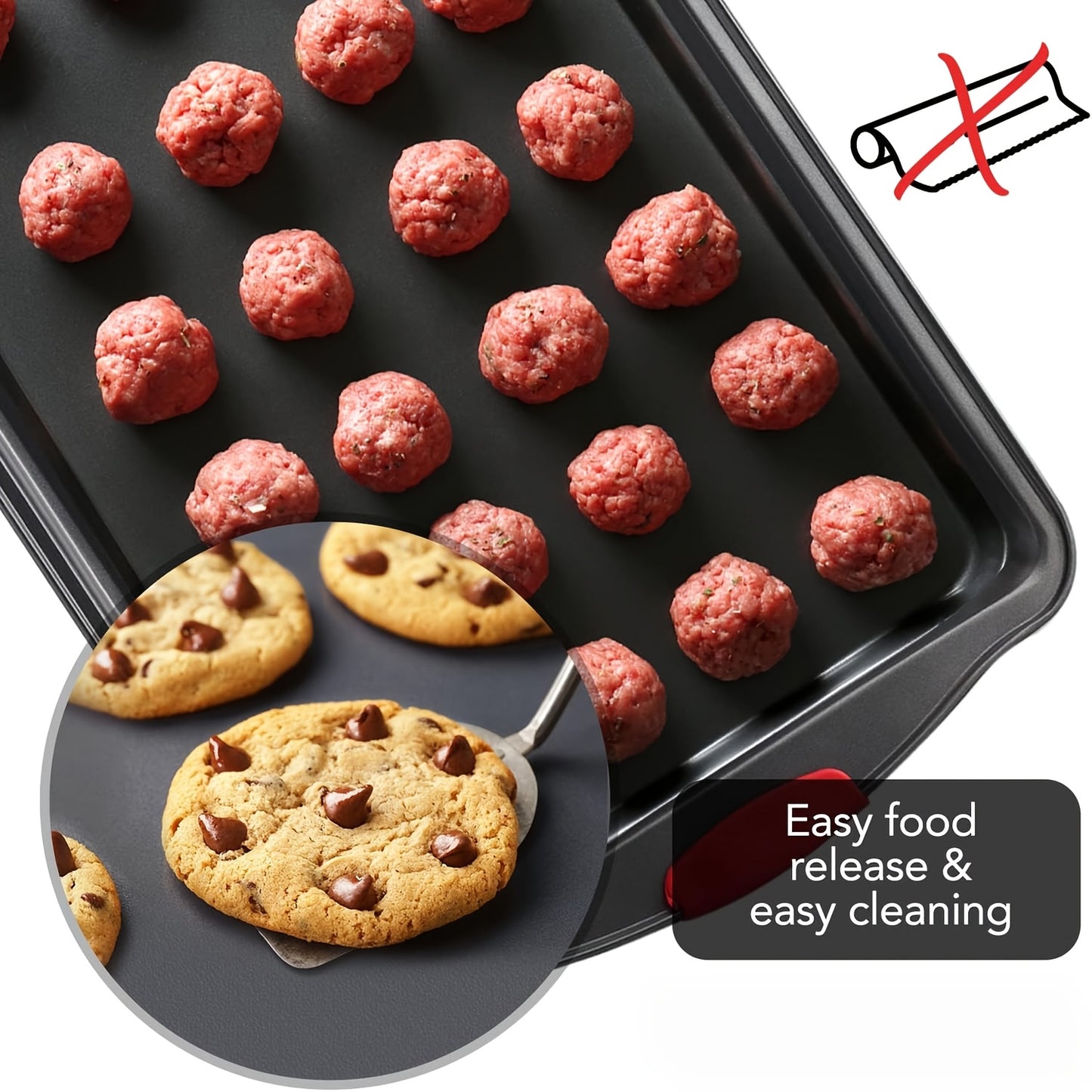 3 PCS Set Non-Stick Pan Baking Tray, with Red Silicone Handle, Kitchen Baking Plate, Heat-resistant and Non-Sticking, Home Use Baking Tray, Cake, Oven Cookie Baking, Rectangular Cookie Tray, Easy to Clean, Suitable for Cookie