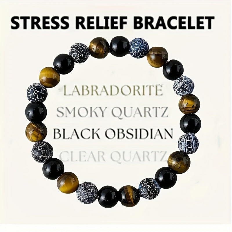 Natural Stone Stress Relief  Wealth Attraction Bracelet - Bohemian Style Black Tiger Eye Synthetic with Golden Brown Stripes, Unisex, for Daily Wear and Special Occasions - Attracts Money and Prosperity - Birthday, Anniversar
