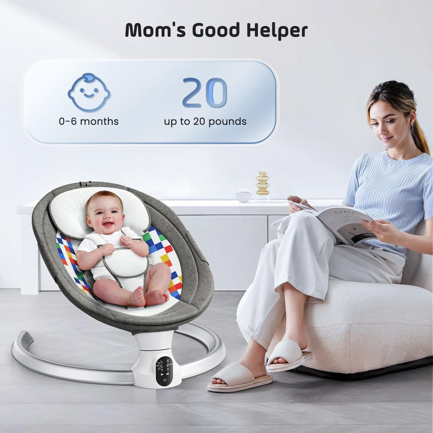NEW Arrivals Baby Bouncer Chair for Infants, APP Remote Control Baby Swing with 5 Point Safety Harness 5 Swing Speeds 3 Timers and 10 Music, Automatic Rocker for Newborn 0-6 Month Max 9 kg