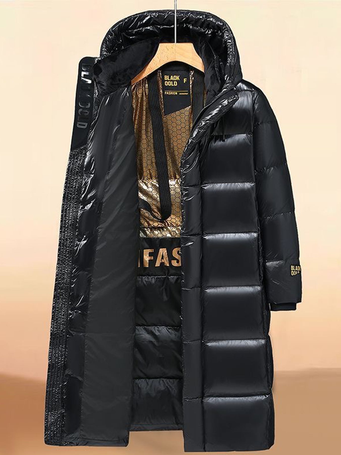 Men's Winter Hooded Down Jacket - Thickened Warm White Duck Down Coat with Pockets, Solid Black & Golden Accents, Casual Style for Cold Weather, Winter Coat, Cold Weather Apparel, Minimalist Design, Durable Outerwear