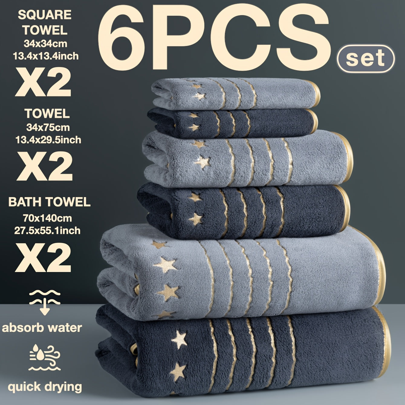 4/6-PCS Set Ultra-Soft Golden Thread Light Luxury Five-Star Embroidered Towel Bath Towel Set, 2 Bath Towels 69.85 X 139.95 cm, 2 Hand Towels 34.04 X 74.93 cm, 2 Washcloths 34.04 X 34.04 cm, Perfect for Home, Hotel, and Spa Us