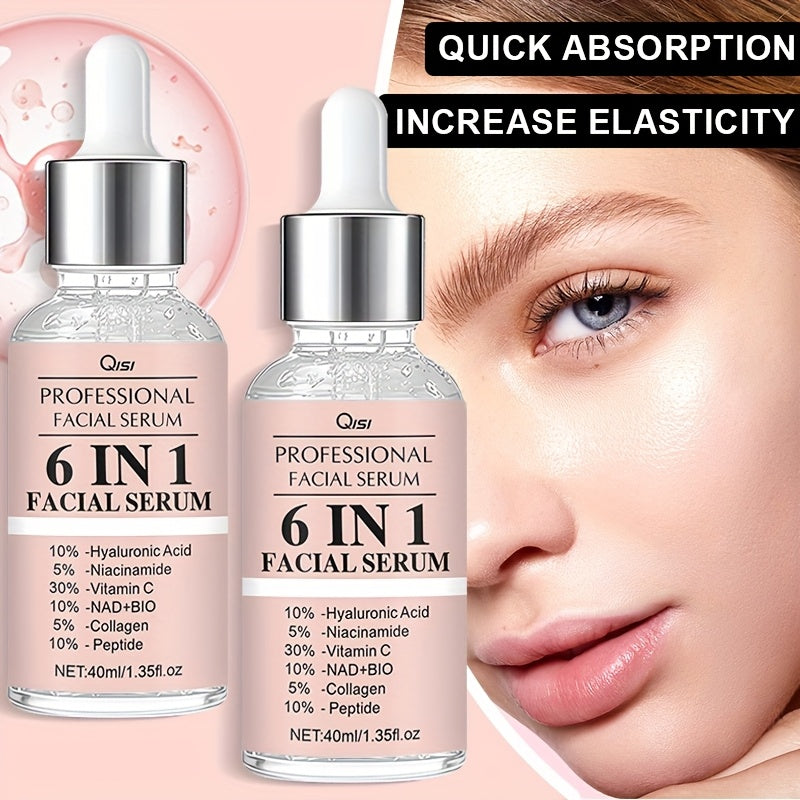 This Set Includes 2 Bottles of 6 IN 1 Facial Serum, Featuring Hyaluronic Acid, Collagen, Niacinamide, Peptides, And NAD+BIO. It Offers a Firming And Moisturizing Formula Suitable for All Light Skin Tones, Is Non-Irritating, A