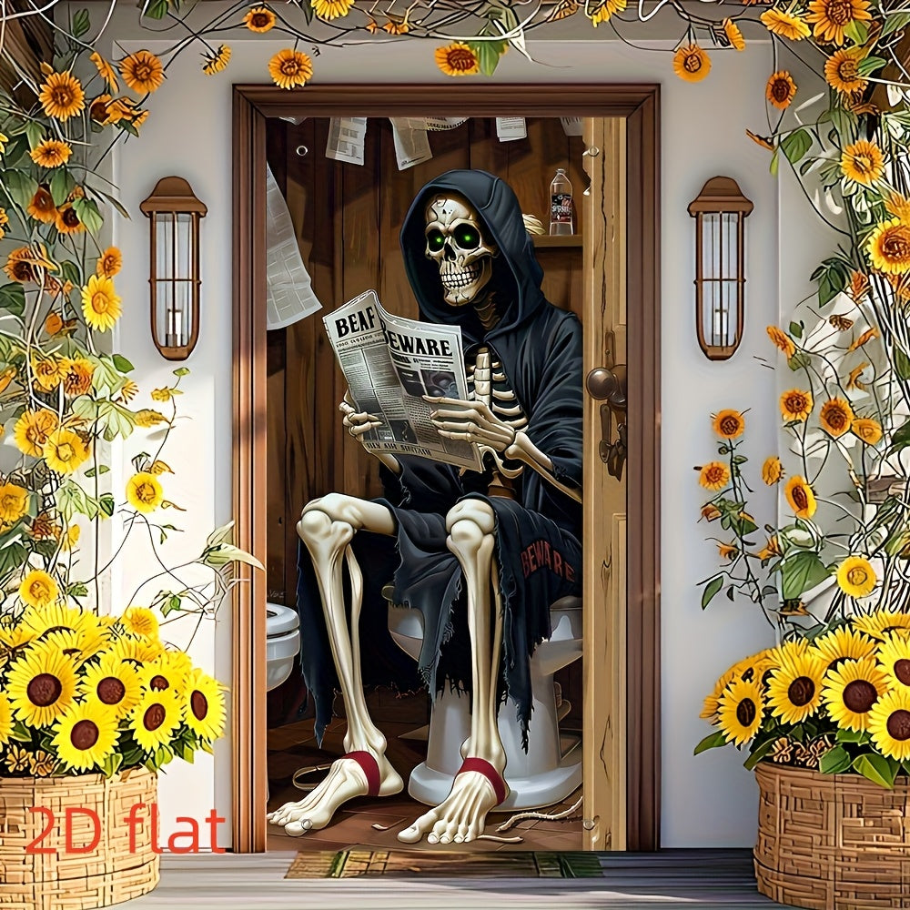 2D Door Banner Spooky Skeleton Reading Newspaper Halloween Door Banner - 89.92cm x 179.83cm Polyester Outdoor & Party Decoration with Sunflowers, Jack-O'-Lanterns, and "BEWARE" Sign, Perfect for Festive Celebrations, Hallowee