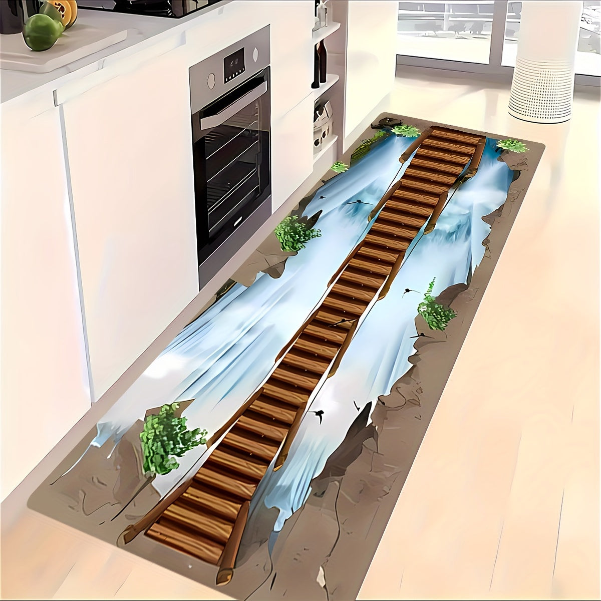 3D Wooden Bridge Carpet Featuring a Cliff Waterfall Landscape Pattern, Machine Washable Rectangular Runner Rug Suitable for Bedroom, Bathroom, Living Room, And Hallway Decor - Lightweight Home Decorative Rug 2D Flat
