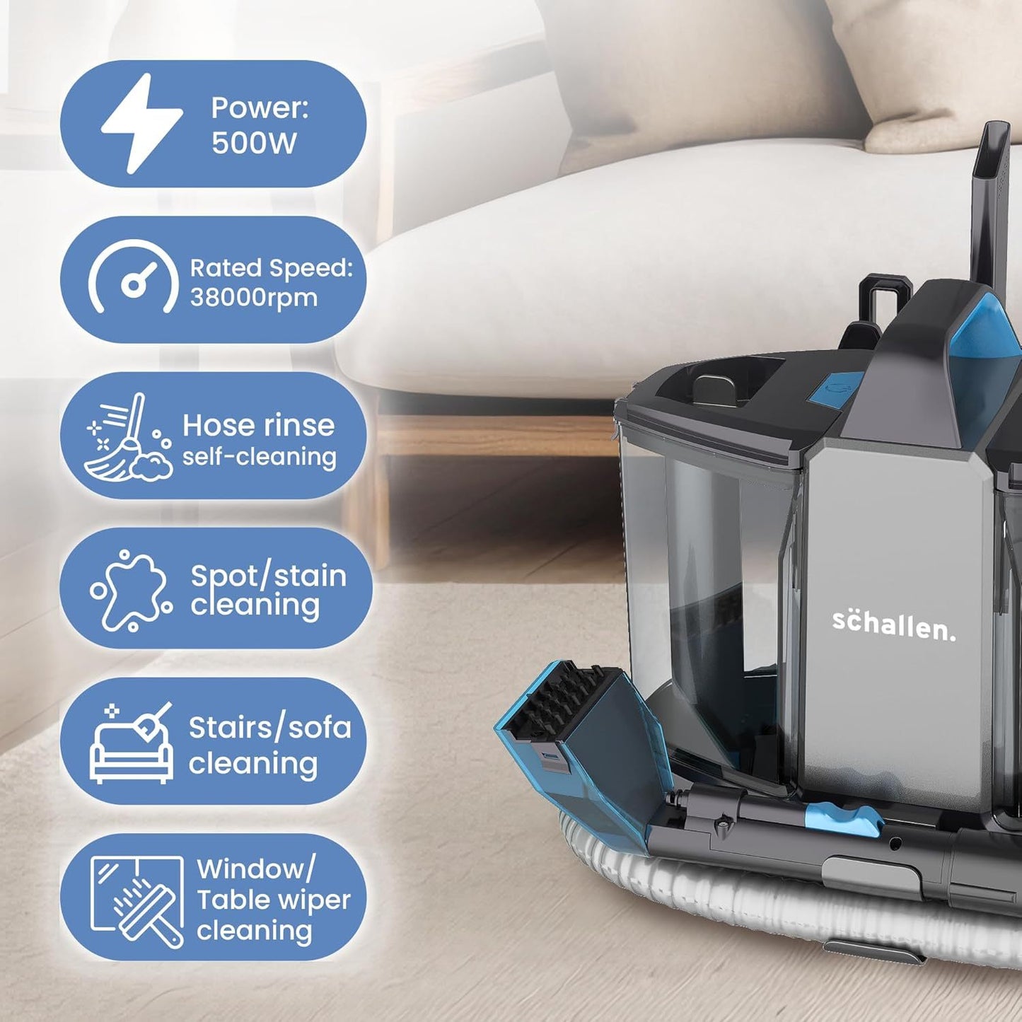 Deep Cleaning Upholstery & Carpet Cleaner Machine | Carpet Washer with Clean & Dirty Water Tank | Portable Powerful 500W Motor | Includes Carpet Brush, Glass Brush & Crevice Nozzle | Home & Car Carpet Cleaning Appliance | Sta