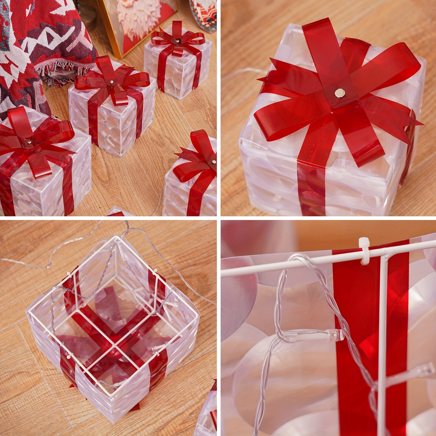 3PCS Set  Christmas Gift Box Light Set, Battery/USB Powered Transparent Warm Light Christmas Box with 8 Flashing Modes, Includes Timer Function, Suitable for Indoor Living Room Patio Party Christmas Tree Valentine's Day Chris