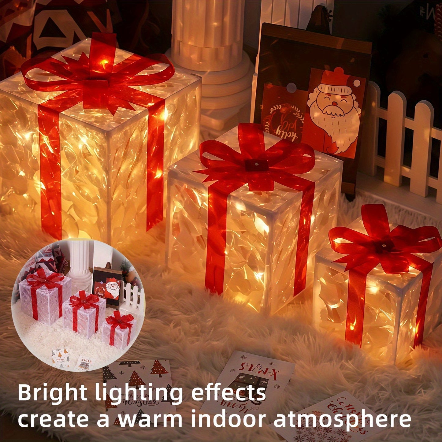 3PCS Set  Christmas Gift Box Light Set, Battery/USB Powered Transparent Warm Light Christmas Box with 8 Flashing Modes, Includes Timer Function, Suitable for Indoor Living Room Patio Party Christmas Tree Valentine's Day Chris