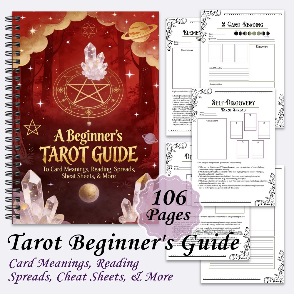 Beginner's Tarot Guide & Tarot Reading: to Card Meanings, Reading, Spreads, Cheat Sheets, & More, A Guided Workbook with Crystals, Celestial Symbols, Enchanted Forest for Easy Intuitive Spiritual Practice, Notepads