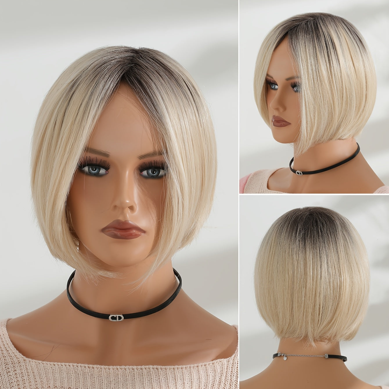 Bob Wigs with Bangs, Straight Hair Shot Wigs, Heat Resistant Fiber Synthetic Wigs for Women Daily Use, 30.48 cm, Unisex-adult, Rose Net Cap, 100% Density, High Temperature Fiber