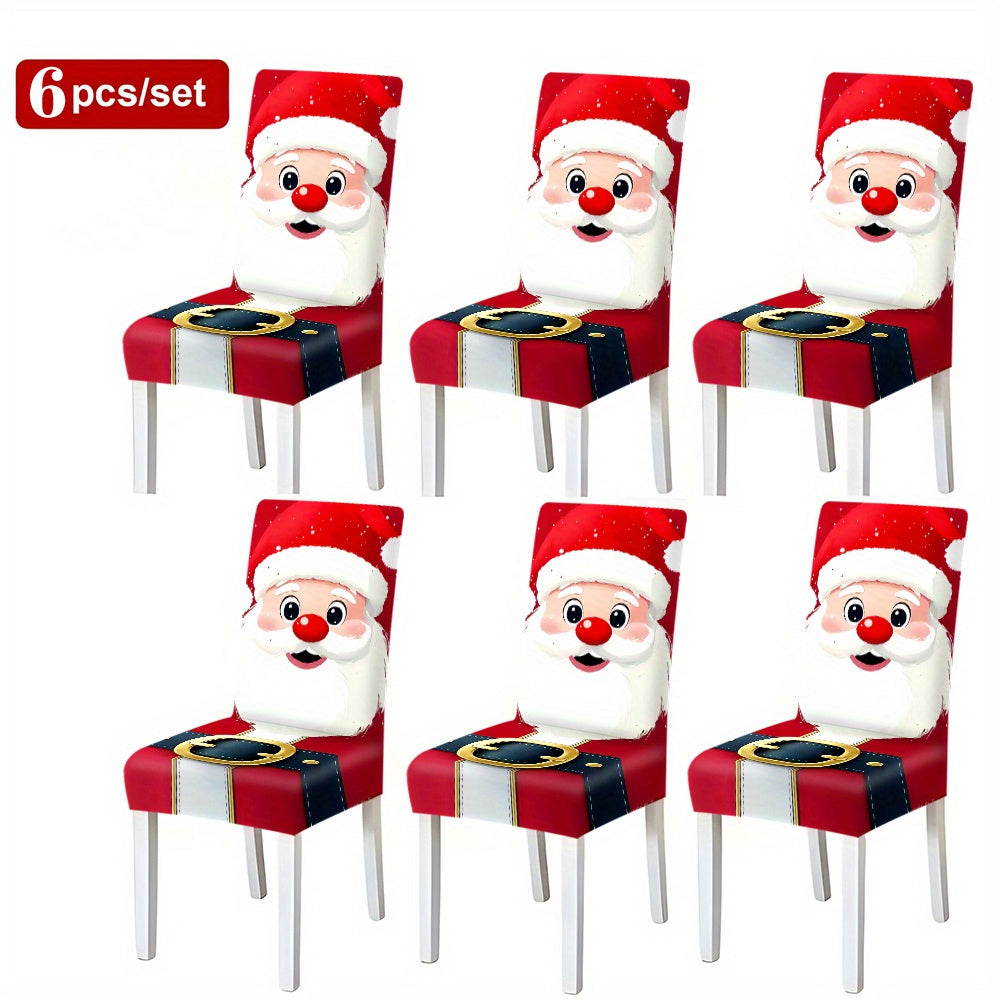 2pcs/4pcs/6pcs Christmas Santa Claus Pattern Printed Elastic Chair Covers, Full Coverage Dining Chair Slipcovers, Holiday Atmosphere Decor, Connected Home Stool Covers