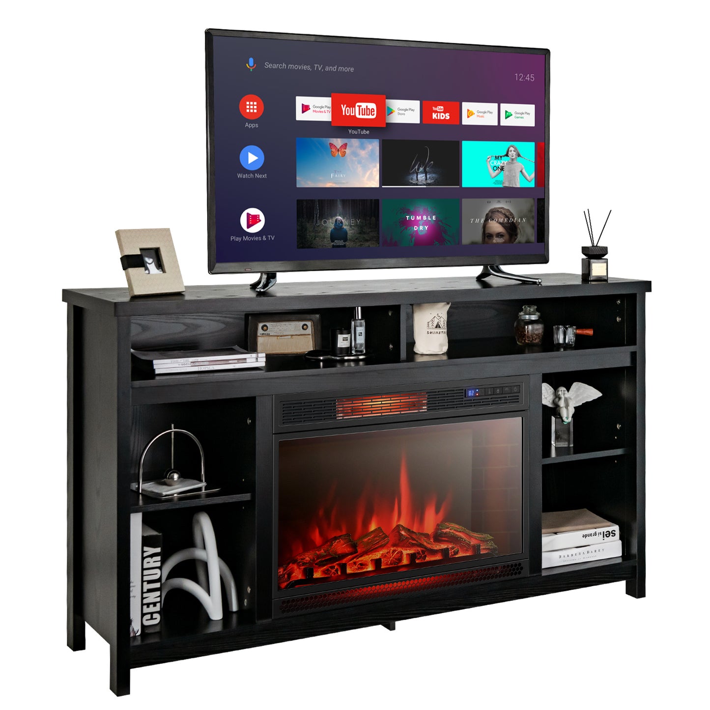 TV*s up to 165.1cm Modern Media Console Table with Adjustable Fireplace Shelf & Cable Management - Engineered Wood TV Stand, Compatible with 71.12cm Fireplaces, 2-Tier Shelves, Spacious Entertainment Center for Living Room,