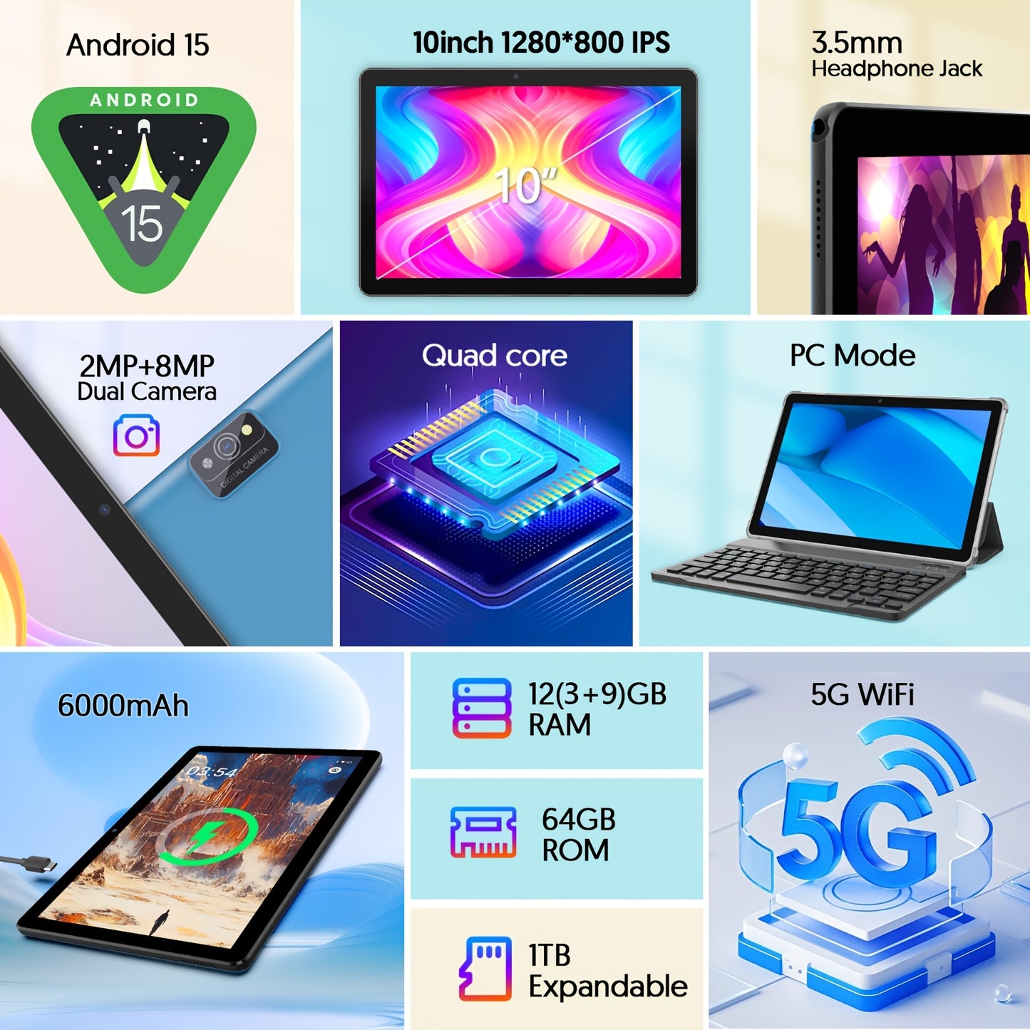 Android Tablet with Keyboard, Android 15 Tablet 10 Inch with 12(3+9)GB+64GB, 1TB Expand, 4-Core, 6000mAh, 2.0MP+8.0MP Dual Camera 5G WiFi6, 1280x800 HD Touchscreen
