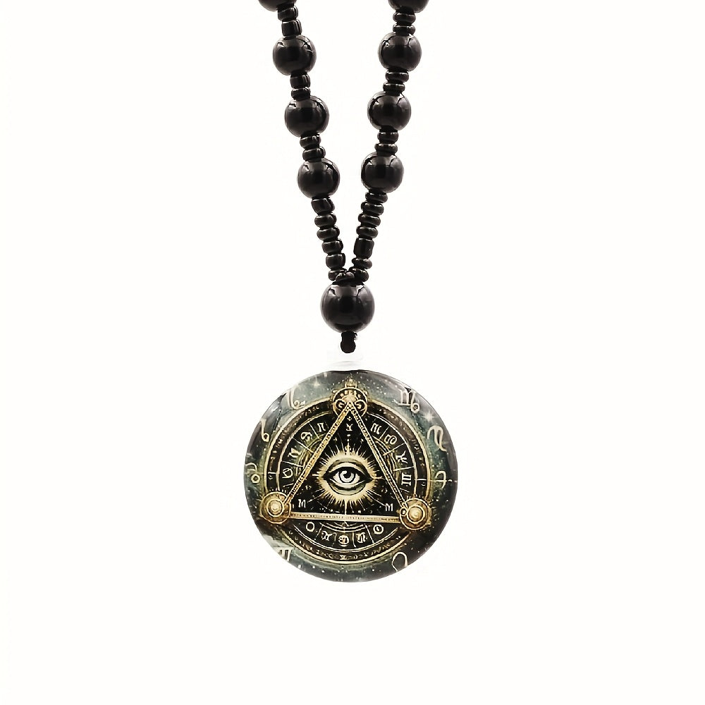 Women Men's Illuminati's Eye of Horus Round Pendant Long Chain Necklace, Glass Beads Rosary Ancient Egyptian Amulet Necklace - Religious Gift