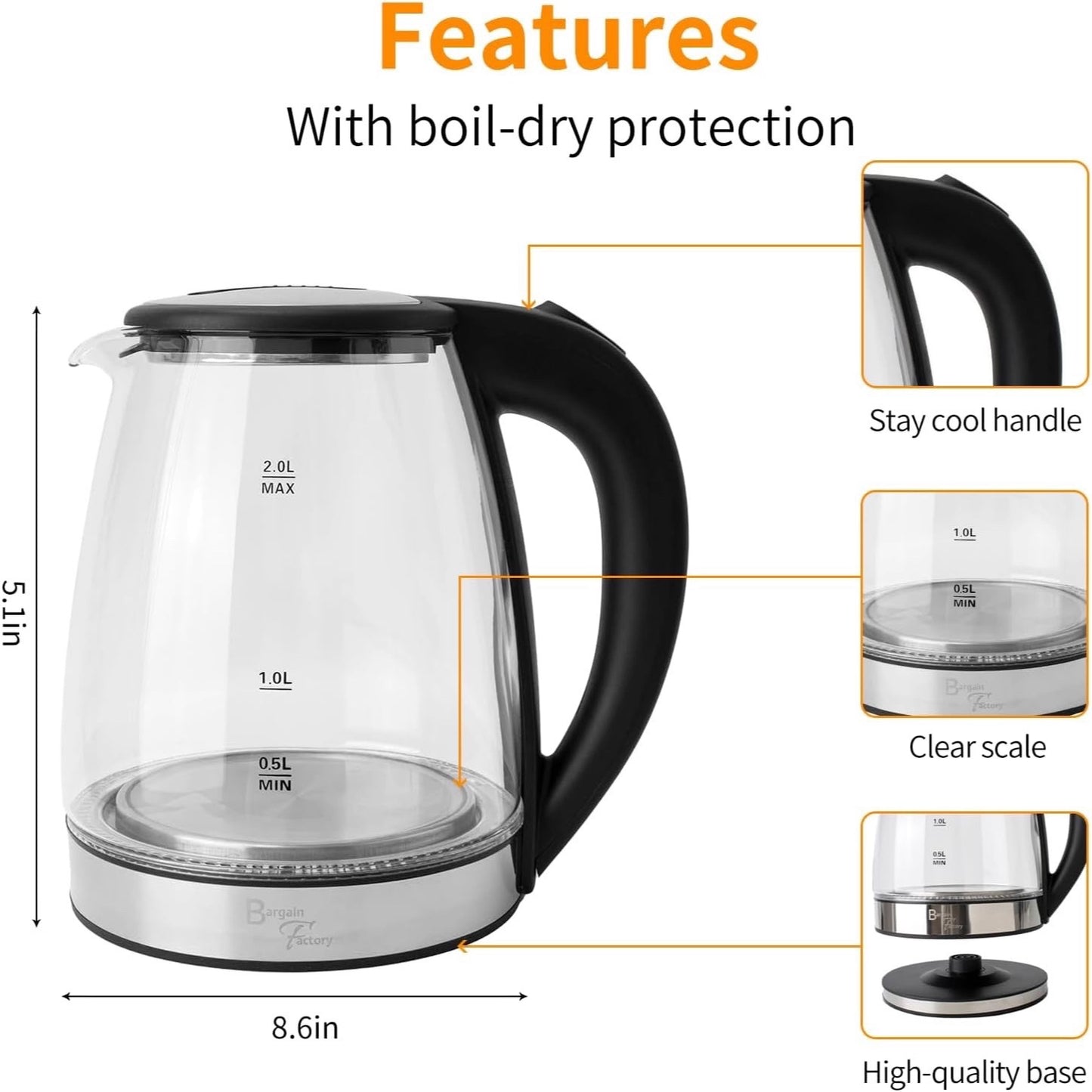 Electric Glass Kettle – 2L Fast Boil, -Free with Blue LED & Boil-Dry Protection