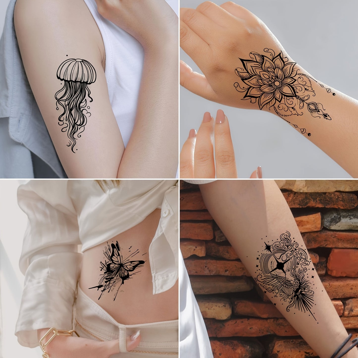 30 SHEETS Set Temporary Tattoo Stickers, Black Butterfly Feather Wind Chime Wings Planet Spider Guitar Flower Heart Pattern Tattoo Stickers, Body Wrist Collarbone Art Waterproof Fake Tattoo Stickers Suitable for Women, Tempor