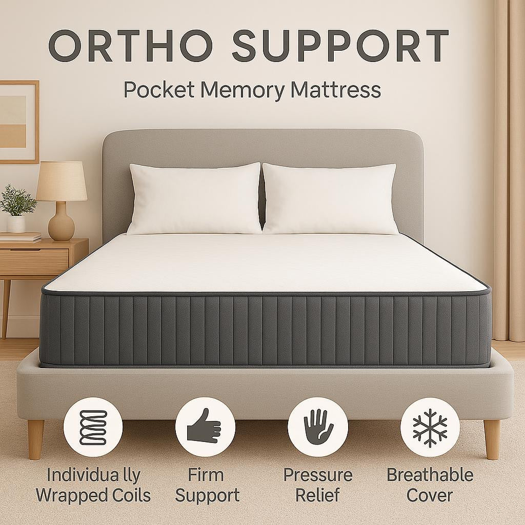 Ortho Support Pocket Memory Mattress - Medium-firm, Zoned Pocket Springs & Pressure Relieving Memory Foam, Hypoallergenic, Orthopedic Rolled & Boxed For Easy Set Up Home Bedding Supplies
