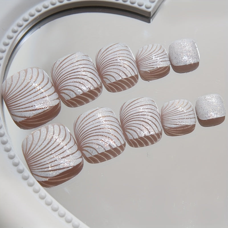 24 PCS Set Glitter Shell Pattern Press-On Fake Toenails Nail Art Stickers Women Manicure Pedicure Accessories
