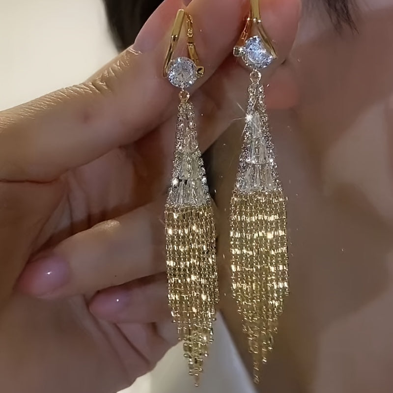 Long, Luxurious Women's Earrings Sparkling with Cubic Zirconia and a Tassel Design Evening Party Jewelry Accessories