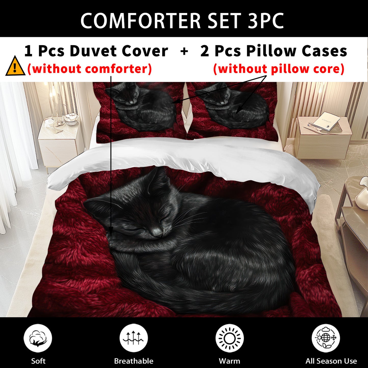 2/ 3 PCS Set Black Cat Red Duvet Cover Set, 1 Duvet Cover & 2 Pillowcases, Black Cat Red Design Bedding Set, Machine Washable, Soft and Comfortable Bed Cover Set for Bedroom