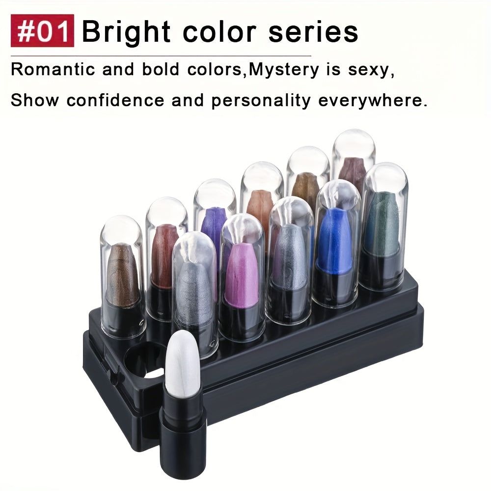 12 PCS -Colors Set Women Eyeshadow Stick Set - Long-Lasting, High-Gloss Glitter & Matte Finishes in Black, Gray, and Mixed Shades