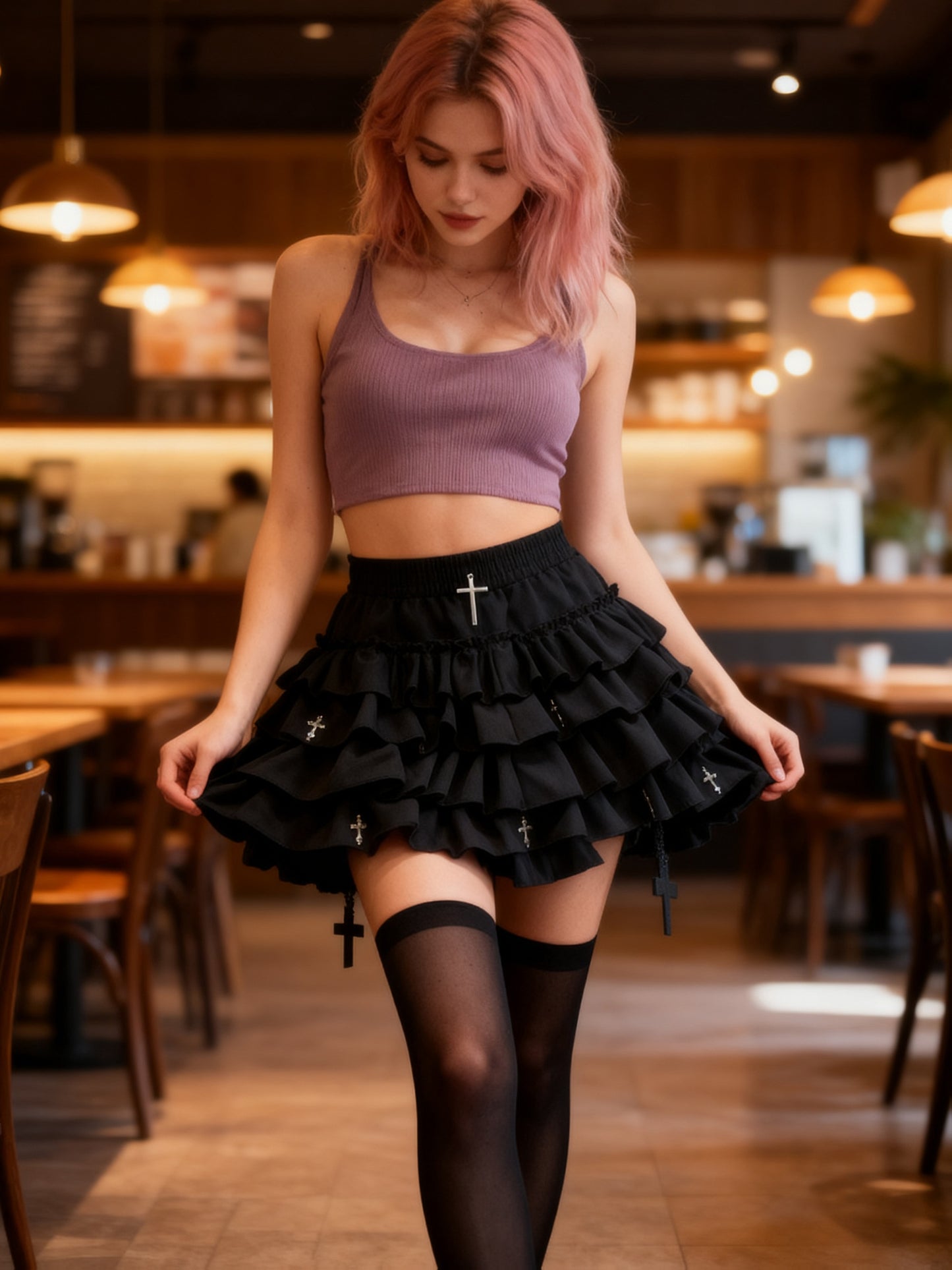 Gothic Black Puffy Skirt with Metal Cross. Edgy Gothic Fashion, High Waist Flared Mini. Perfect for Stage, Party & Night Out. Look Amazing!, for Girls