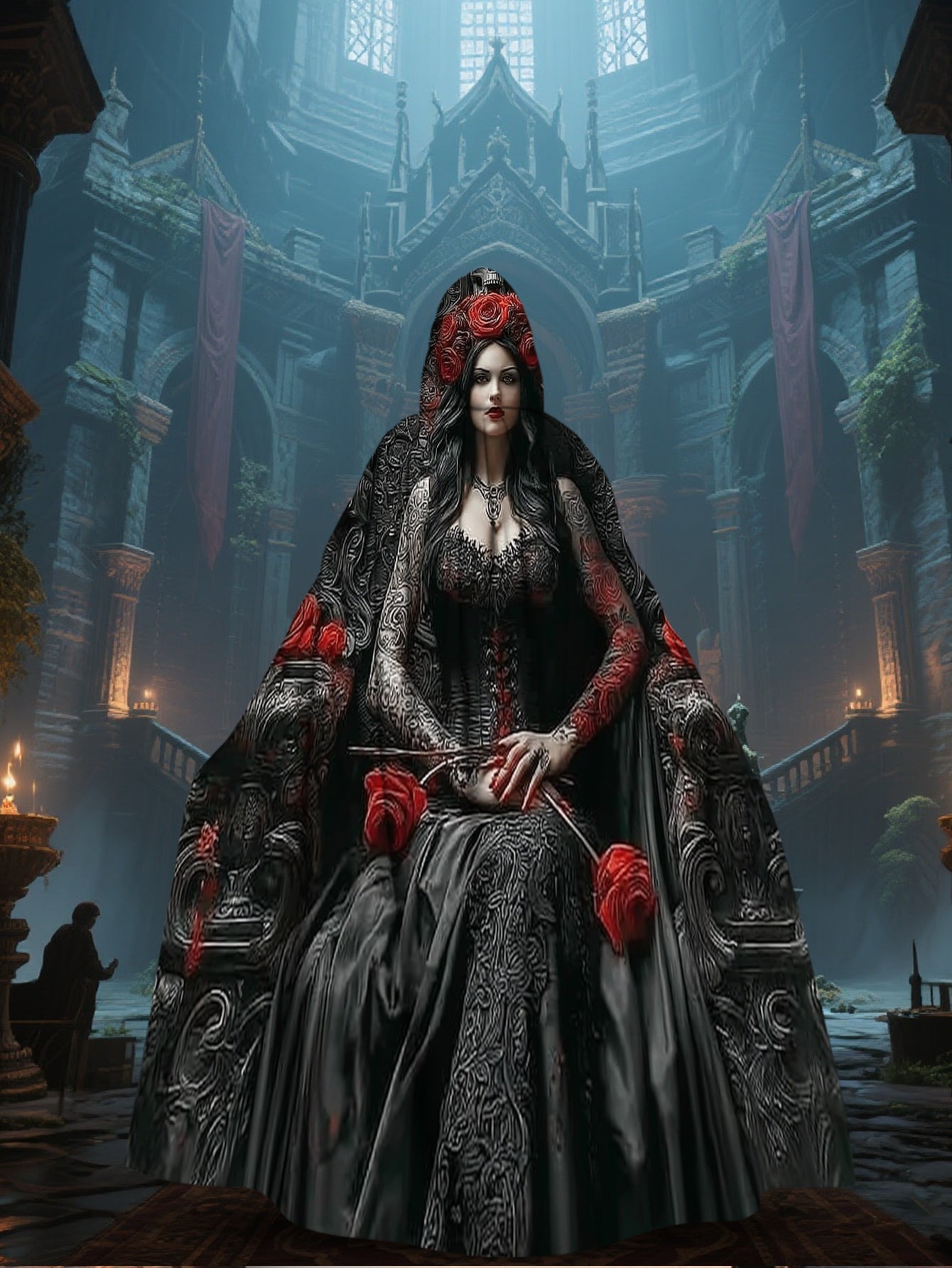 2D Printed Dress-Up Cloak Inspired by Gothic Day of The Dead Queen, Witch-Themed Events, And Festival Party Gifts. for Halloween,  Witchcraft Apparel Clothing Supplies
