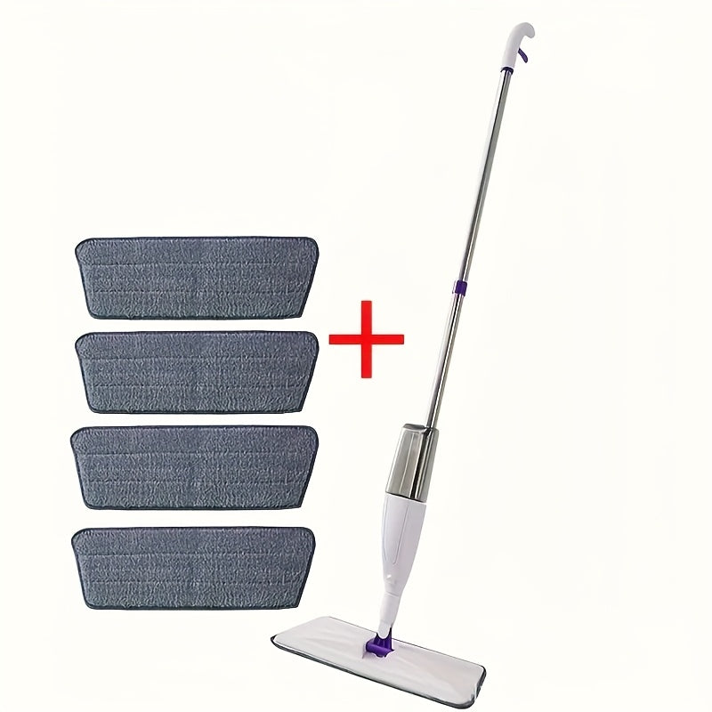 Household Mop + 4 Cloths with Spraying Function, including 4 replaceable cleaning cloths, with 360-degree flexible cleaning-suitable for living room, bedroom, kitchen and bathroom.