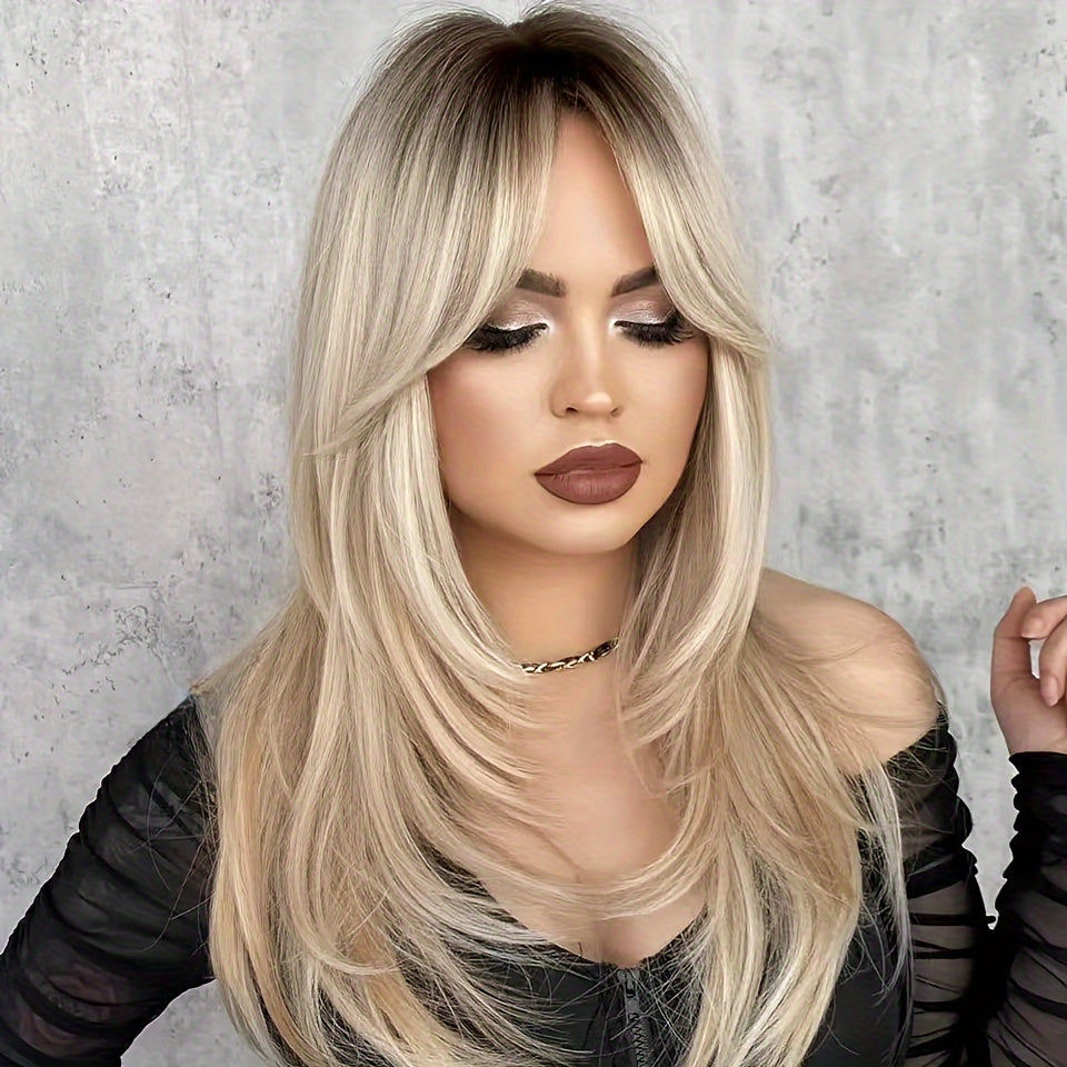 NEW Chic Blonde Ombre Wig for Women - Layered Long Curly Synthetic Hair with Dark Roots, 130% Density, Rose Net Cap