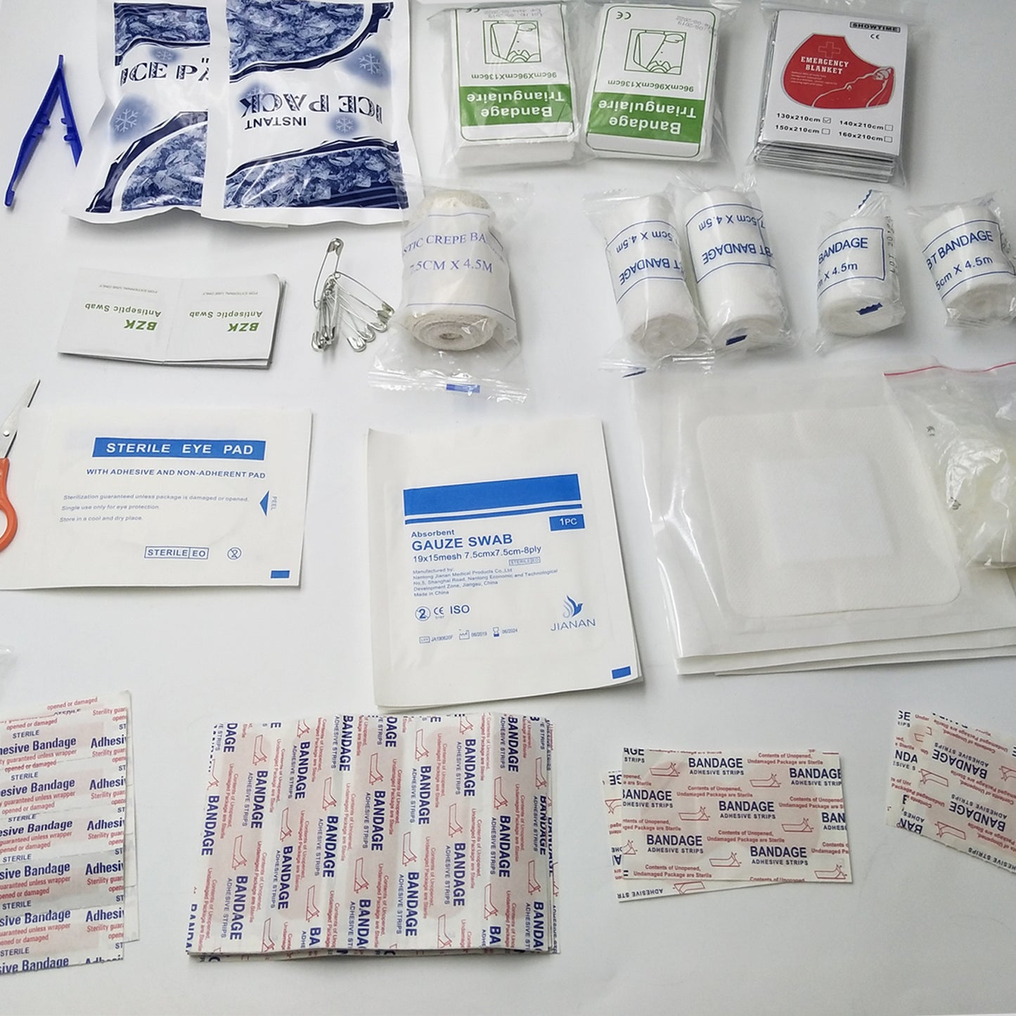 90 PCS Set First Aid Kit refill Bag Emergency Survival kit Includes Eyewash Ice Packs Emergency Blanket Plasters Eye Pads Eye Wash Bandages Essentials for Travel Camping Beach Car Home Office Work Place Garage