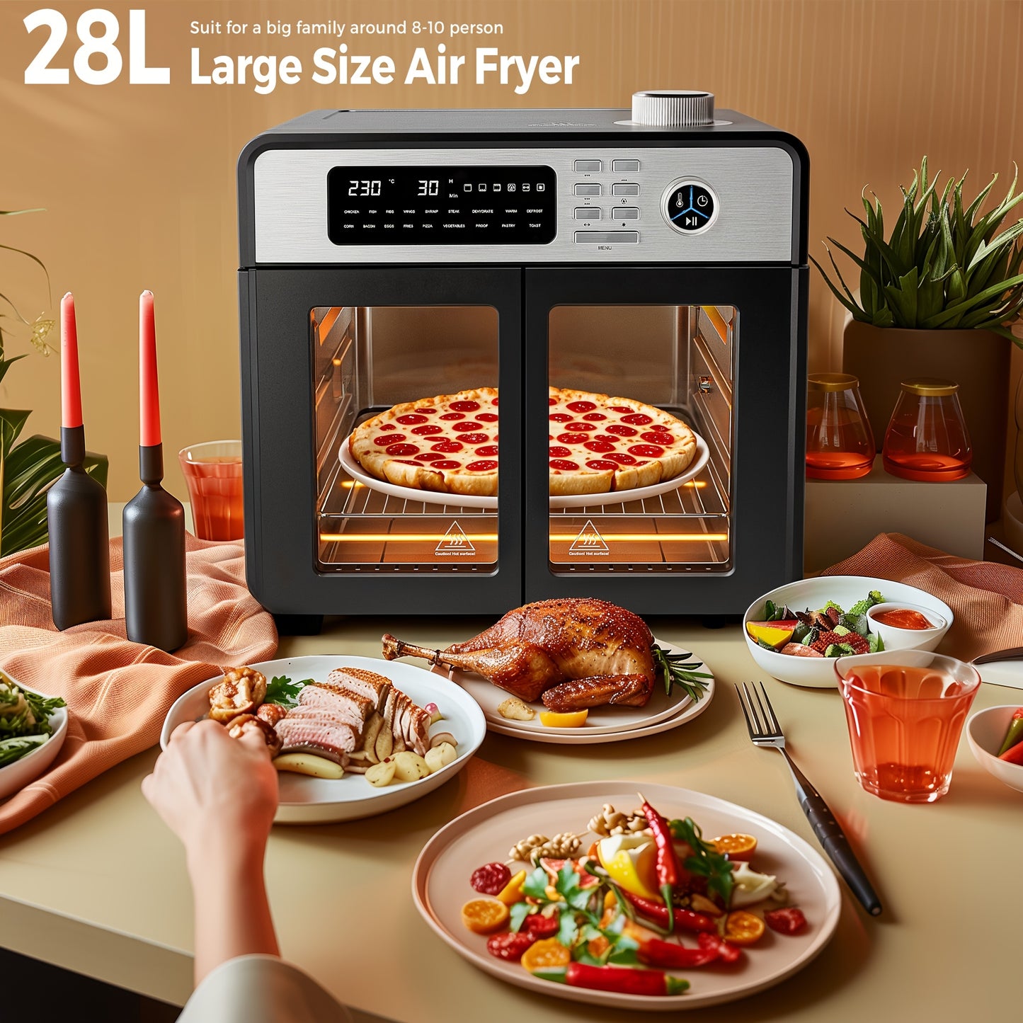 28L Air Fryer Oven with Rotating Grill, 18-in-1 Large Air Fryer Cooking Top-to-Bottom Convection Oven, Oil-Free Air Fryer Quick Baking, Pizza, Grilling, Bread, Dehydrating, 1700W Full Accessory