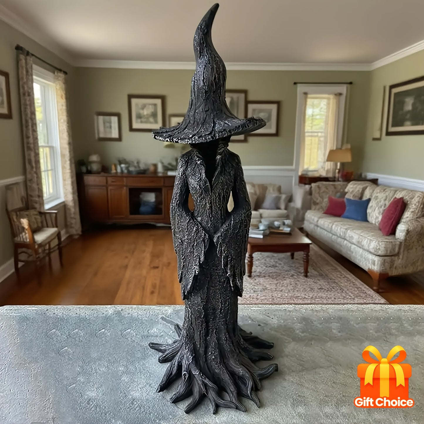 Large Gothic Witch Statue - Hand-Painted Resin with Black Hat & Cauldron, Indoor/Outdoor Spooky Home Party Decoration, Year-Round Collectible Gift