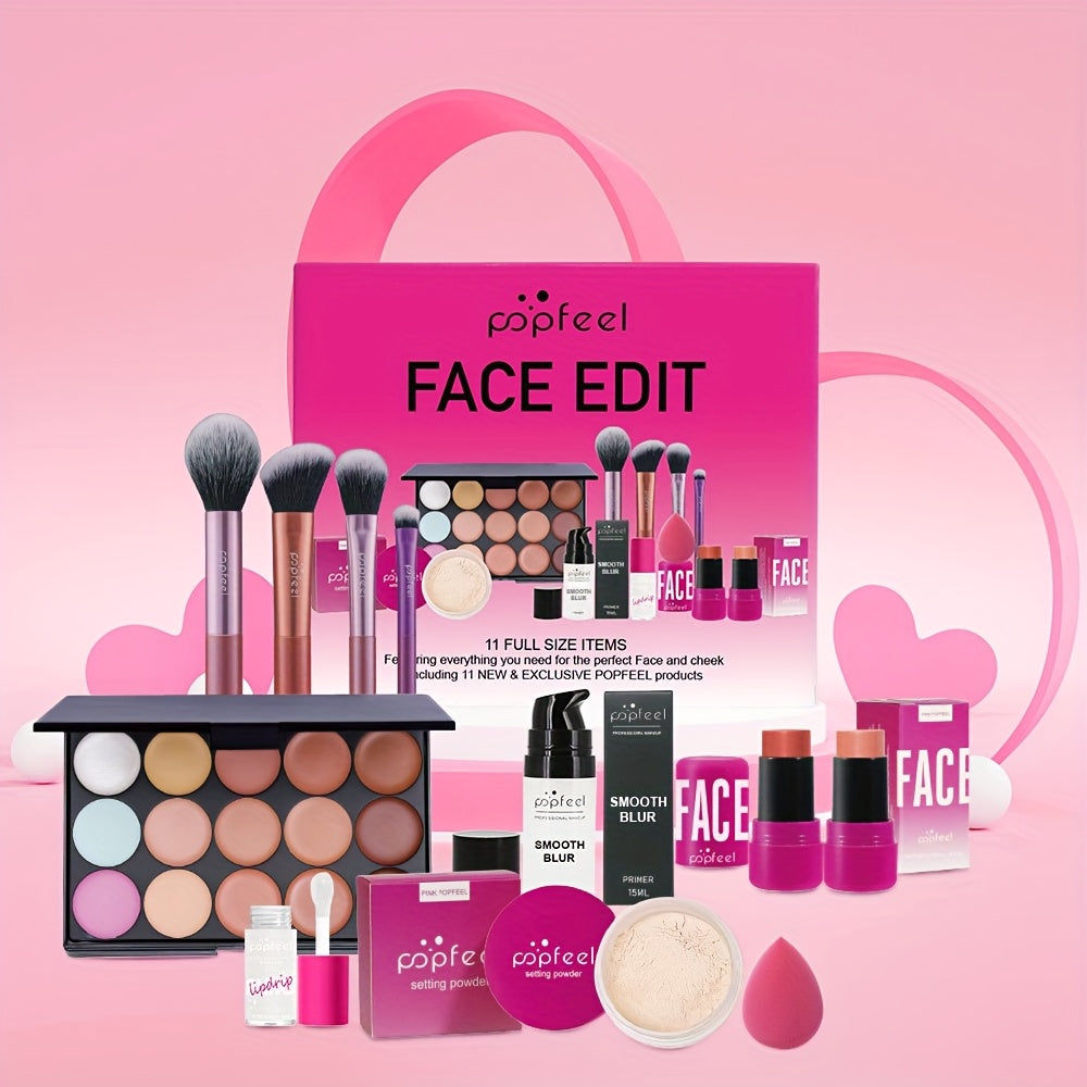 Complete Face Makeup Kit with Face Edit Palette - Waterproof & Sweatproof Long-Lasting Full Coverage, 12-in-1 All-in-One Palette with Primer, Foundation, Concealer, Powder, Blush, Contour, Highlighter, Bronzer, Eyeshadow, Li