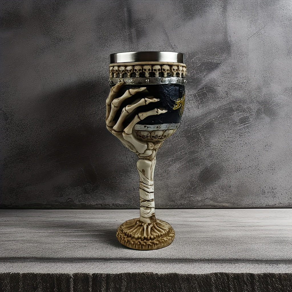 Secret Society Ceremonies Creative Skull Hand Goblet, 200ml Gothic Ossuary Palm Skull Skeletal Bones Armor Wine Cup Resin Body Stainless Steel Goblet Drinking Cup Party Drinkware Halloween