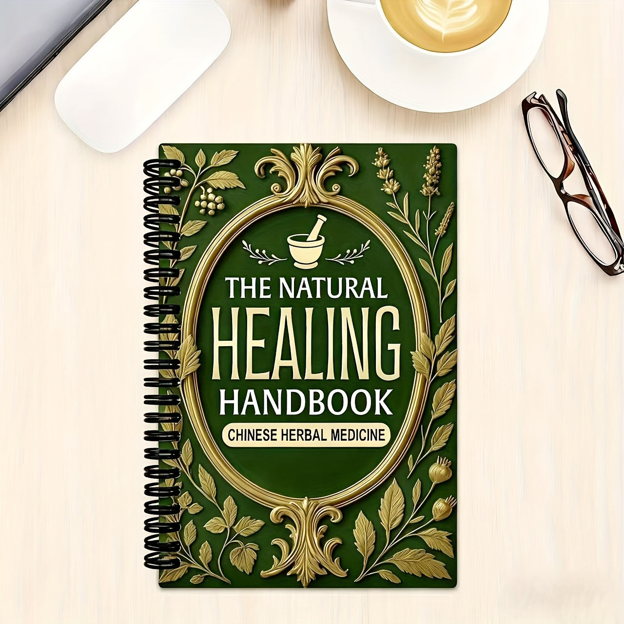 NEW Arrivals Natural Herbal Medicine Handbook: 50 Page Spiral Notebook, 17 Sections, 13.97x21.08 cm, Elegant Golden and Green Design, Suitable for Herbal Relax and Overall Health, Ideal Gift for Family Members