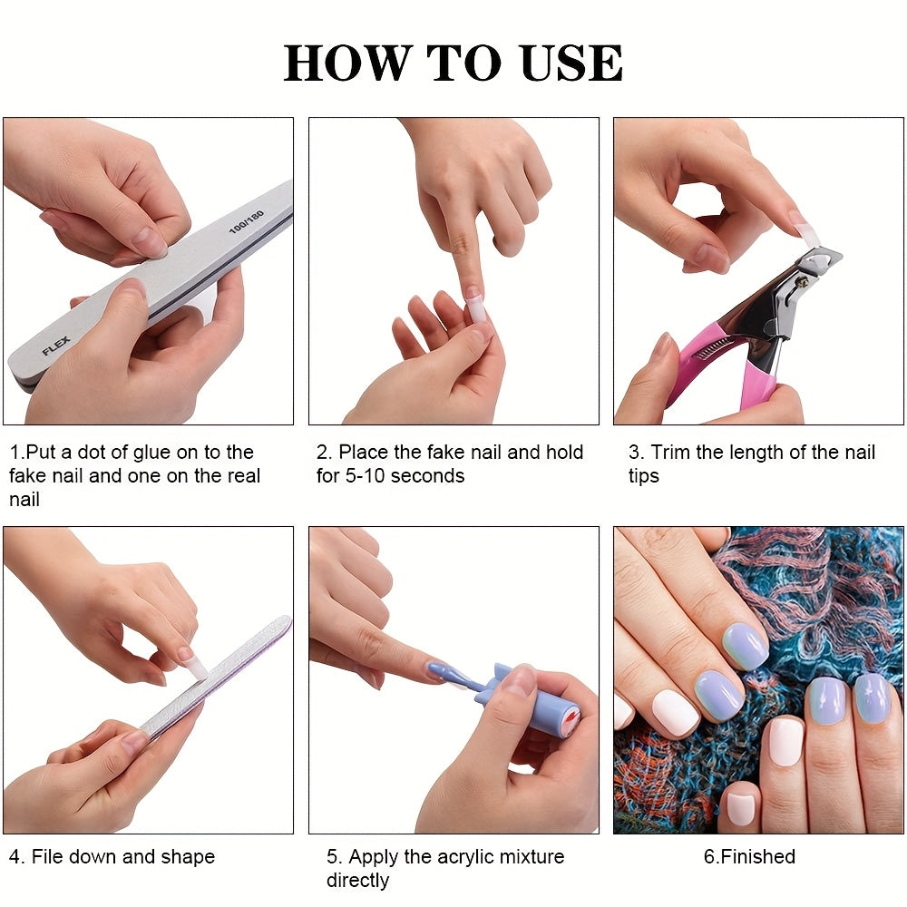500 PCS Set Acrylic Fake Nails Set, Natural Color with Nail Clippers, File, and Polisher Brush for Women, Manicure Salons, and Home DIY Women Nail Care Supplies