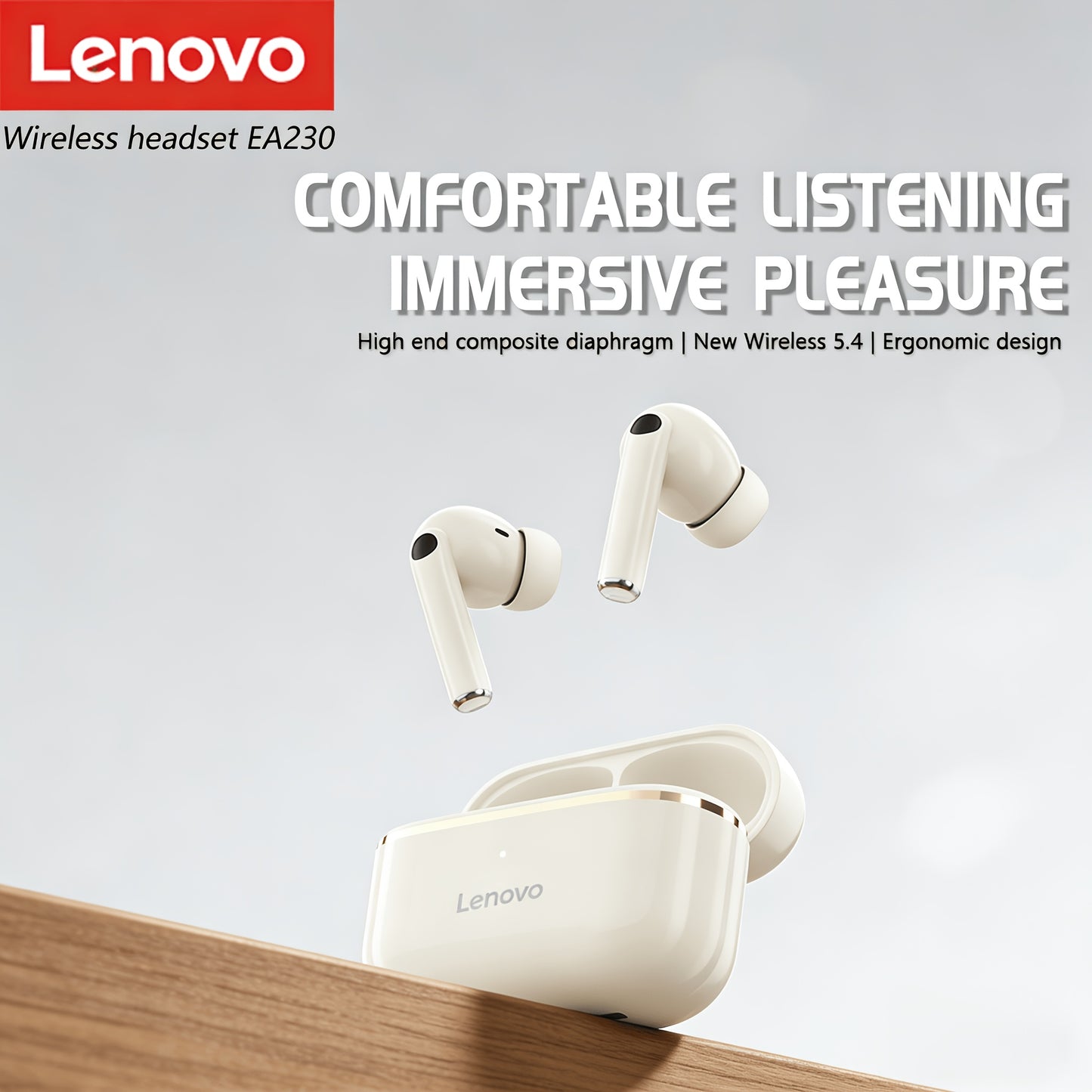 Original Lenovo TWS Wireless Earphones with Advanced Bluetooth 5.4 Chip for Stable Connection& Low Latency Audio. Featuring an Ergonomic In-Ear Design for Secure and Comfortable All-Day Wear, Plus a Large Capacity Charging Ca
