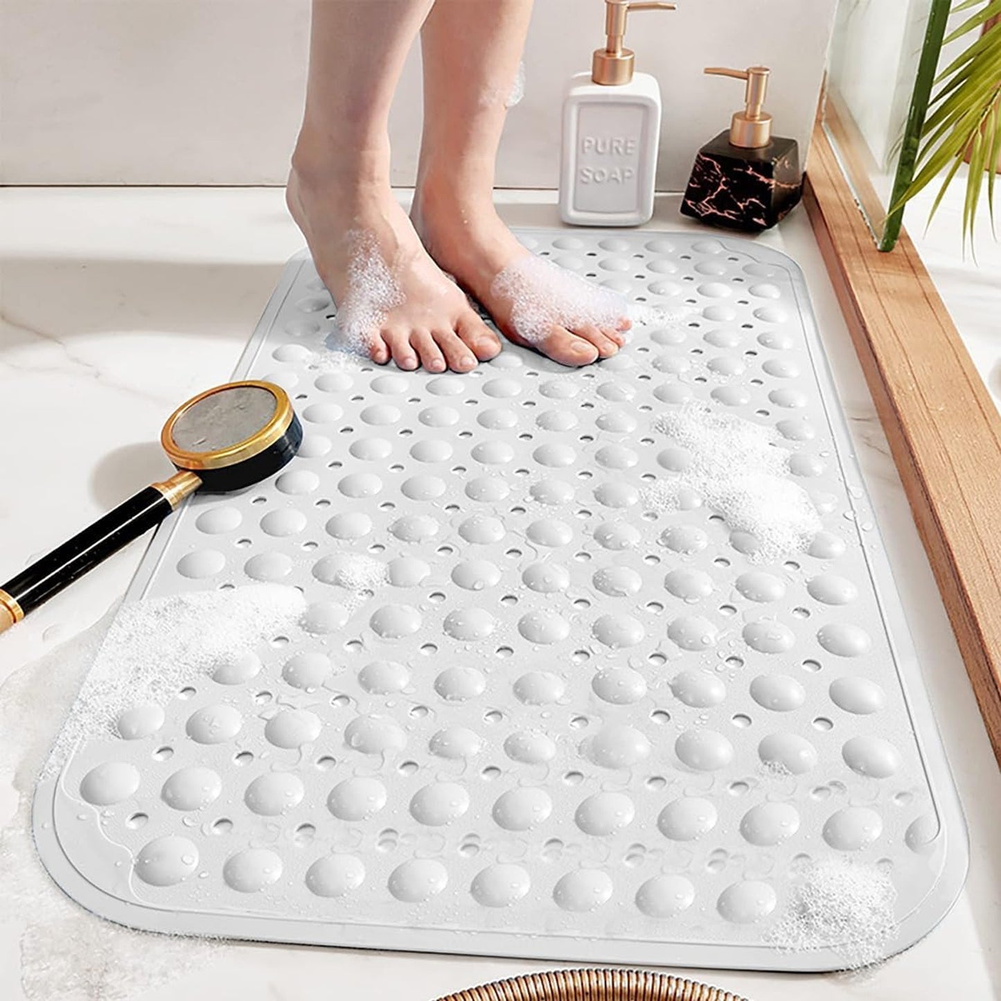 Large Shower Mat – Light Blue/Crystal/White Color Non-Slip, Strong Suction Cups & Drain Holes, Quick-Dry, Machine Washable, Durable & Comfortable for Bathtub and Bathroom Floor Use