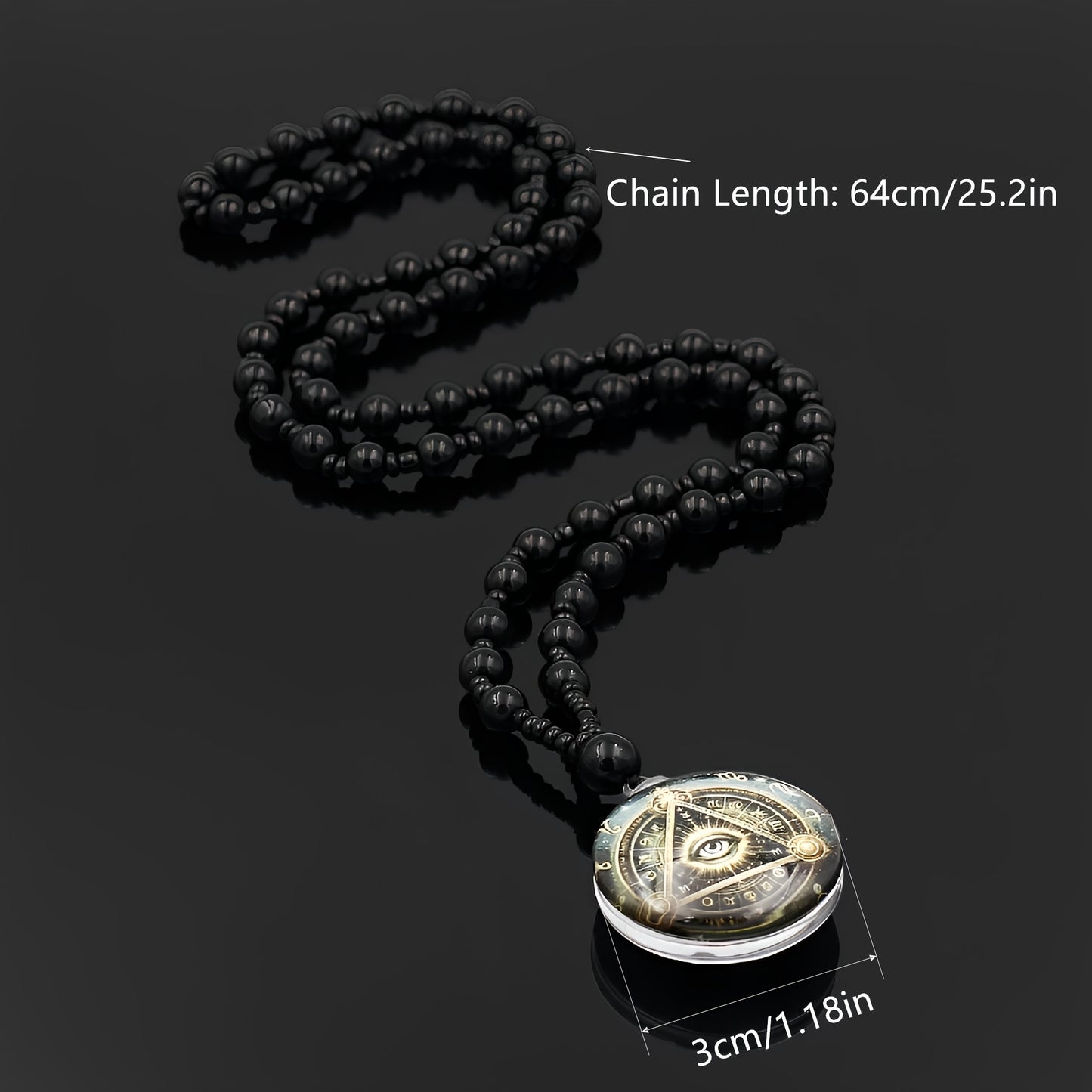 Women Men's Illuminati's Eye of Horus Round Pendant Long Chain Necklace, Glass Beads Rosary Ancient Egyptian Amulet Necklace - Religious Gift