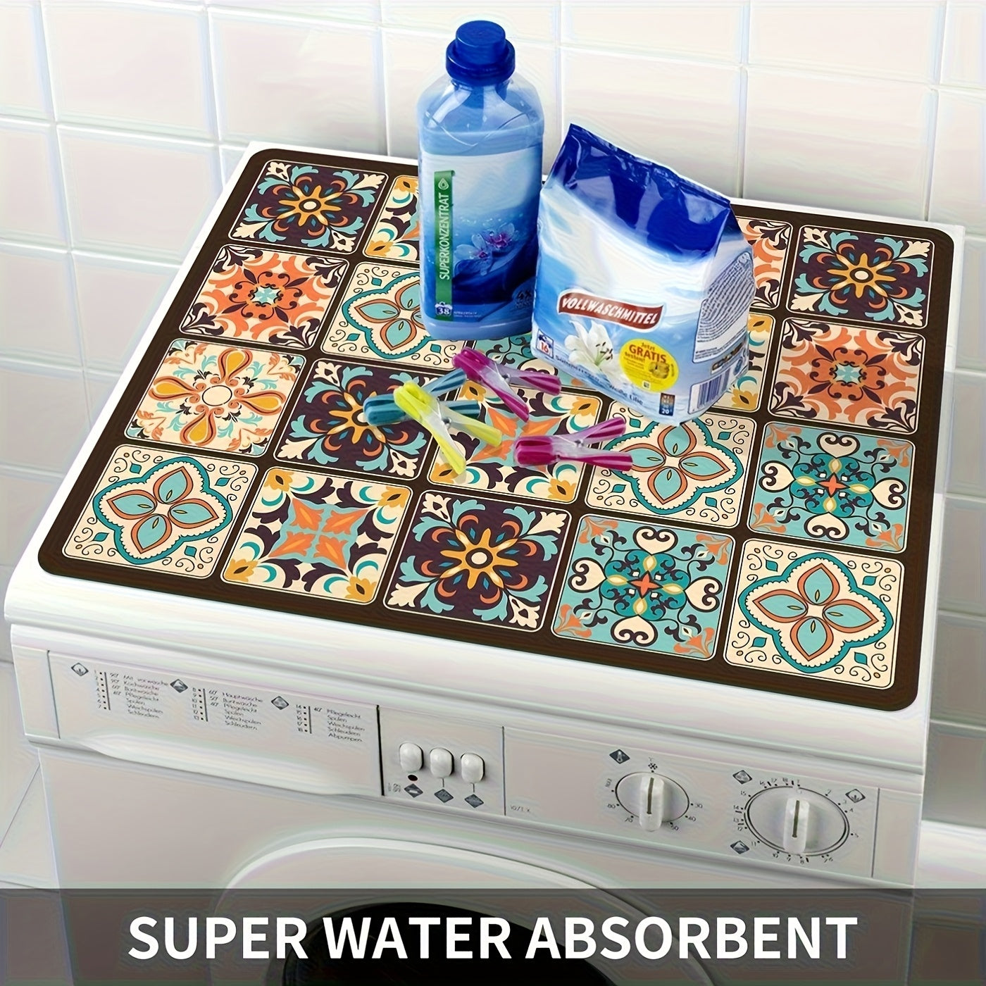 Vibrant Retro Mosaic Washing Machine Cover - Waterproof & Durable Diatomaceous Earth Material, 59.99cm X 50.01cm, Colorful Floral Patterns, Ideal for Kitchen Or Laundry Room Deco
