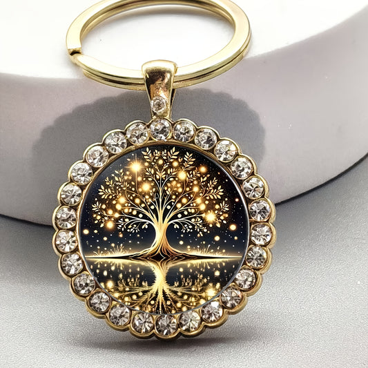 Tree of Life Keychain - Necklace-Elegant Golden & Black Design with Sparkling Accents, Perfect for Bags, Keys, Birthdays, Anniversary Gifts, Stylish and Durable, Tree Decor Jewelry Accessories