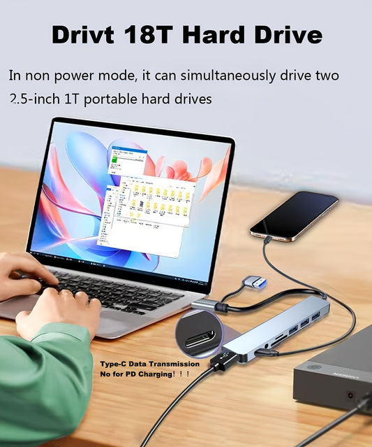 8-in-1 Hub, USB & Type-C Ports, Multi-Function Docking Station with USB 3.0 + USB-C + SD/TF + 3.5mm Audio, Supports Smooth Multi-Port Collaboration for Video and Audio Output on Phones, Tablets, and Computers