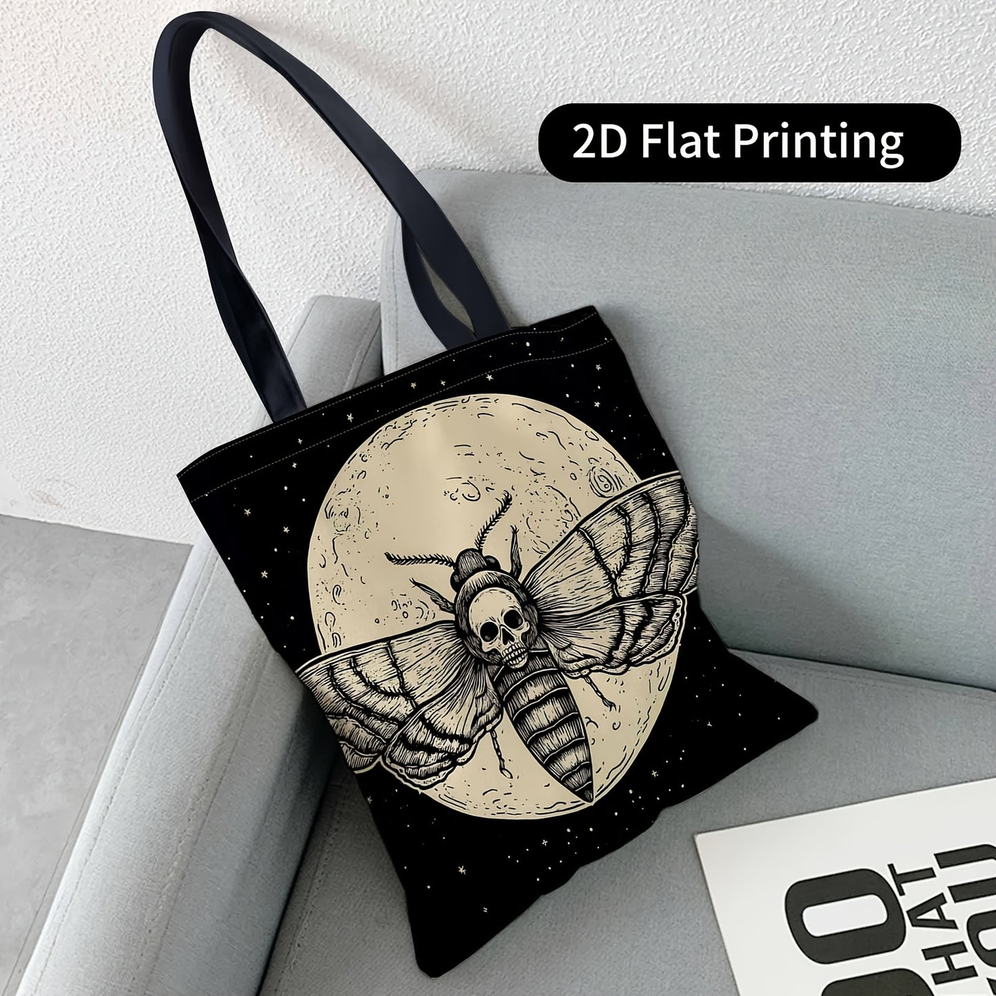 Gothic Moth & Skull Women's Tote Bag - Reusable Machine-Washable Lightweight Handbag with Moth Skull Moon Print, Casual Multifunctional Purse for Daily Use, Parties, Shopping