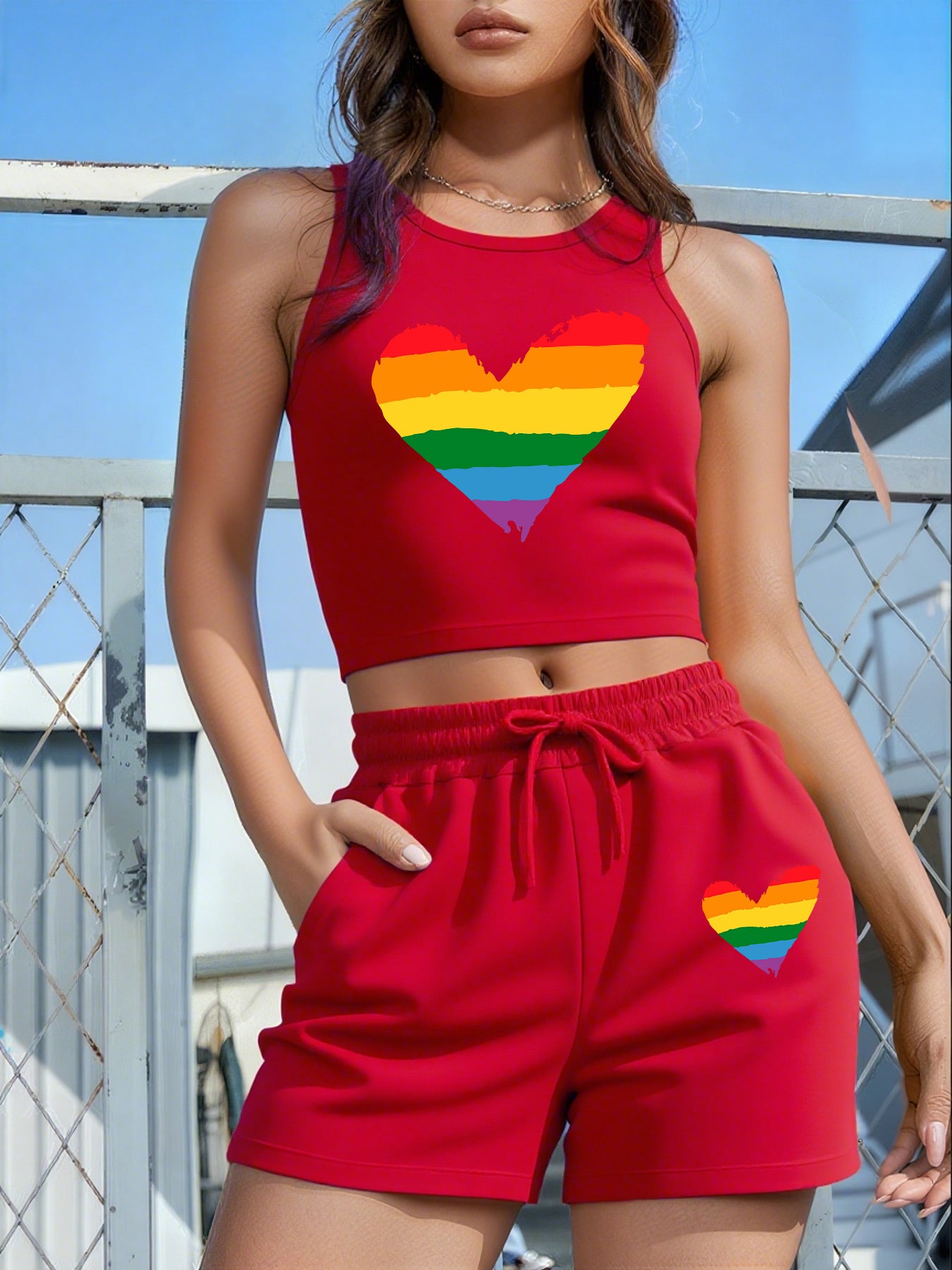 2PCS Set 5 Colors Women's LGBTQ+ Pride Heart Graphic - Sleeveless Vest & Loose Shorts Outfit in Red with Green/Purple Stripes, Drawstring Waist - Machine Washable Lounge, Party, Everyday Outfits
