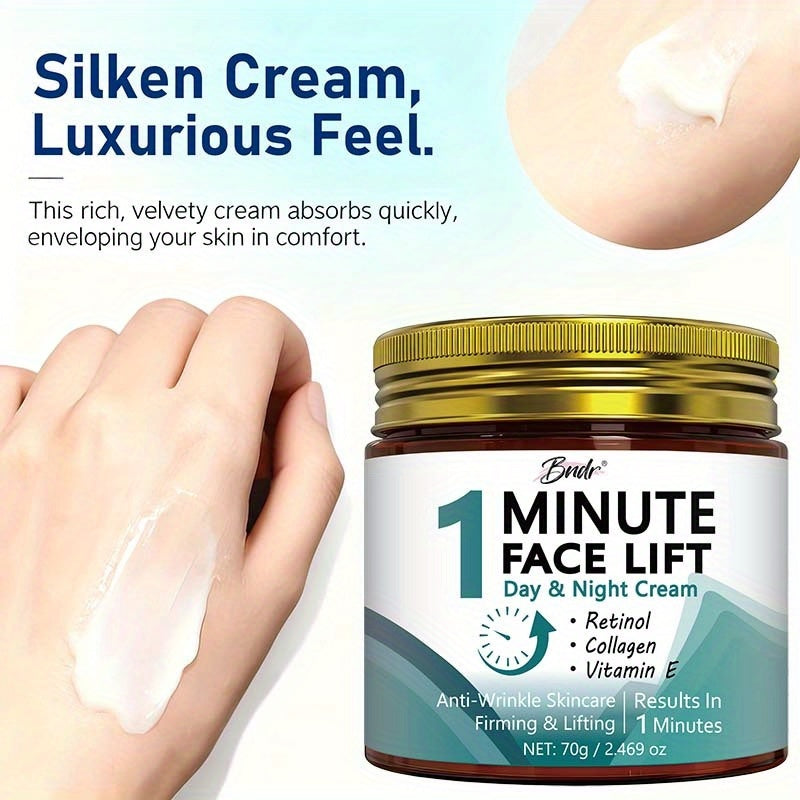 70g 1-minute Facial Lift Cream, Containing Vitamin C, Hyaluronic Acid, Collagen, Nicotinamide-Lift and Smooth Formula, Suitable for All Skin, Smooth Jar Design, Small and Portable.